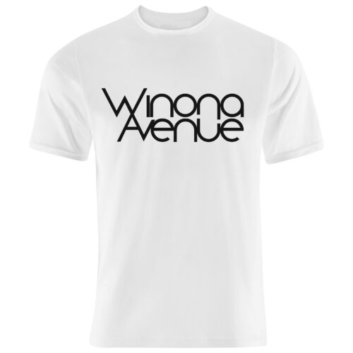 Winona Avenue black logo on white t-shirt.