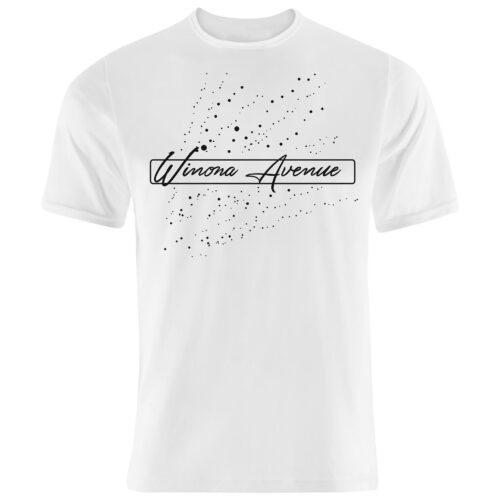 Winona Avenue white cursive stars t-shirt.