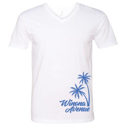 White v-neck t-shirt with blue palm trees and cursive Winona Avenue design printed on the lower-right front.