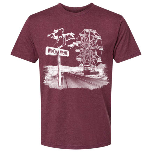 Heather maroon t-shirt with white Ferris wheel and Winona Avenue street sign design printed on the front.