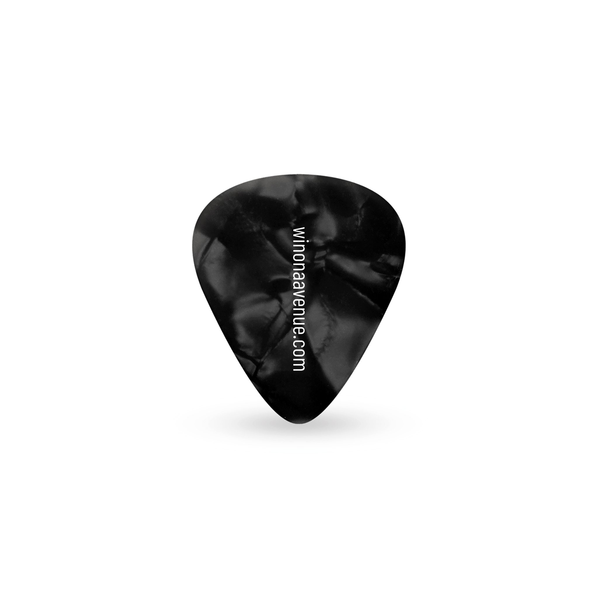 winonaavenue.com printed in white on a black pearl celluloid guitar pick.