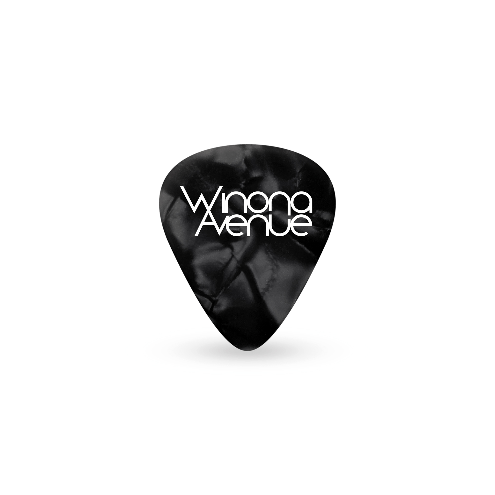 Winona Avenue white logo printed on a black pearl celluloid guitar pick.