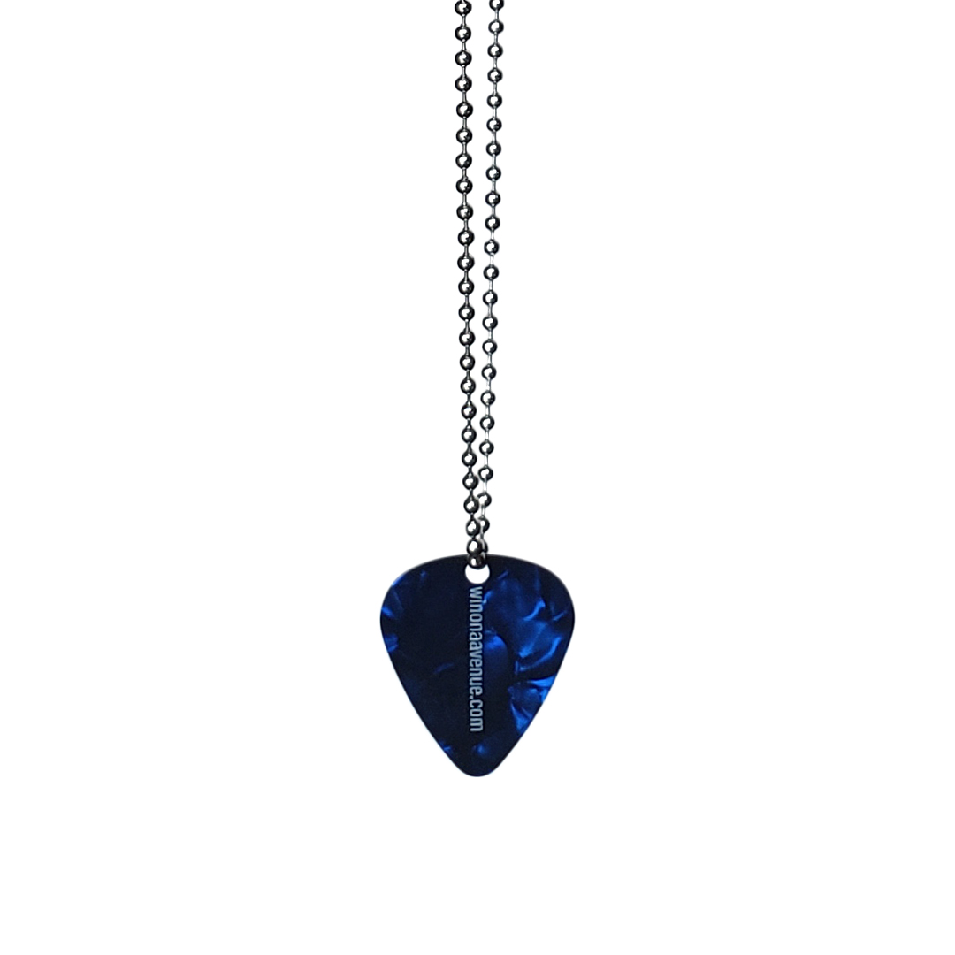 Blue guitar pick necklace with winonaavenue.com printed in white on the back.