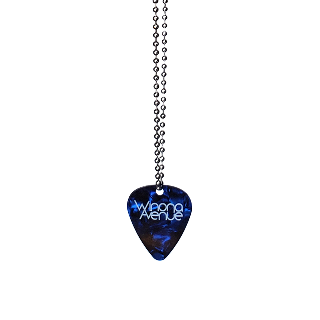 Blue guitar pick necklace with Winona Avenue logo printed in white on the front.